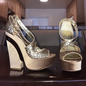 DISCO QUEEN GOLD SEQUIN & SATIN PLATFORMS